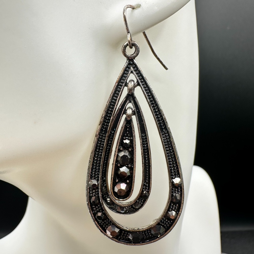 Vtg Silver Tone Teardrop Dangle Earrings Black Rhinestones Statement Jewelry